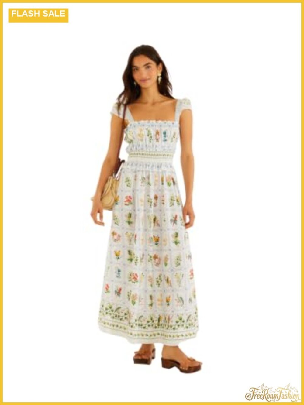 GOTS Cotton Maxi Dress Square Neck Puff Sleeve Smocked Waist Floral
